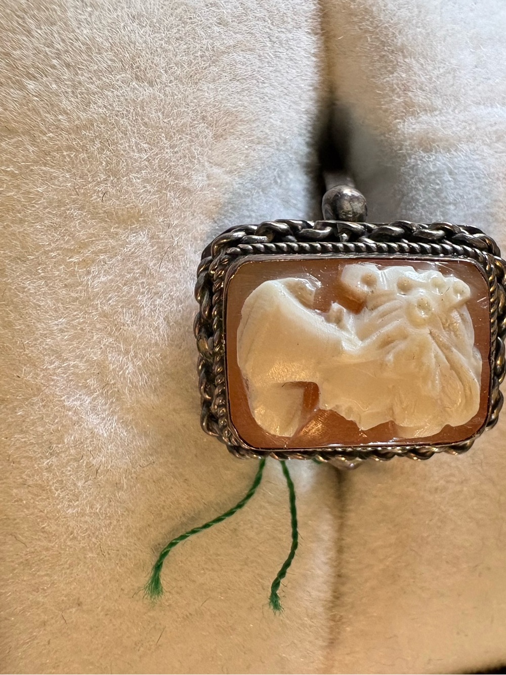 Sterling signed Cameo Ring in Sterling and Tan Silver Setting. Signed size 6